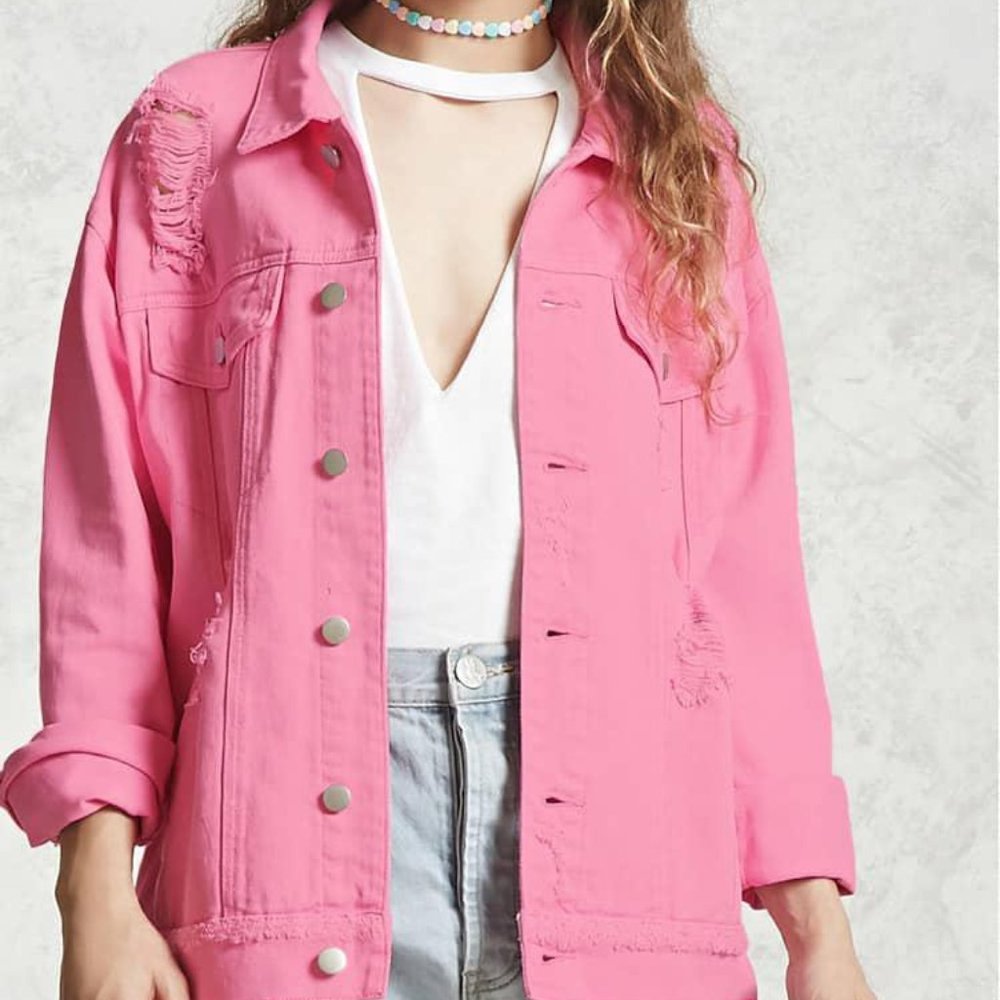Forever 21 Pink Distressed Denim Jacket